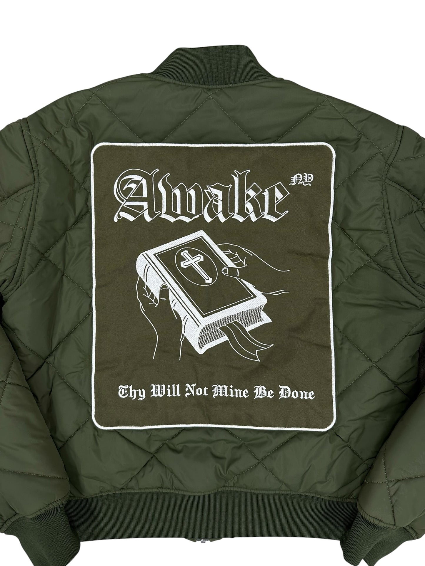 Chaqueta bomber acolchada Awake NY verde oliva con bordado y print trasero