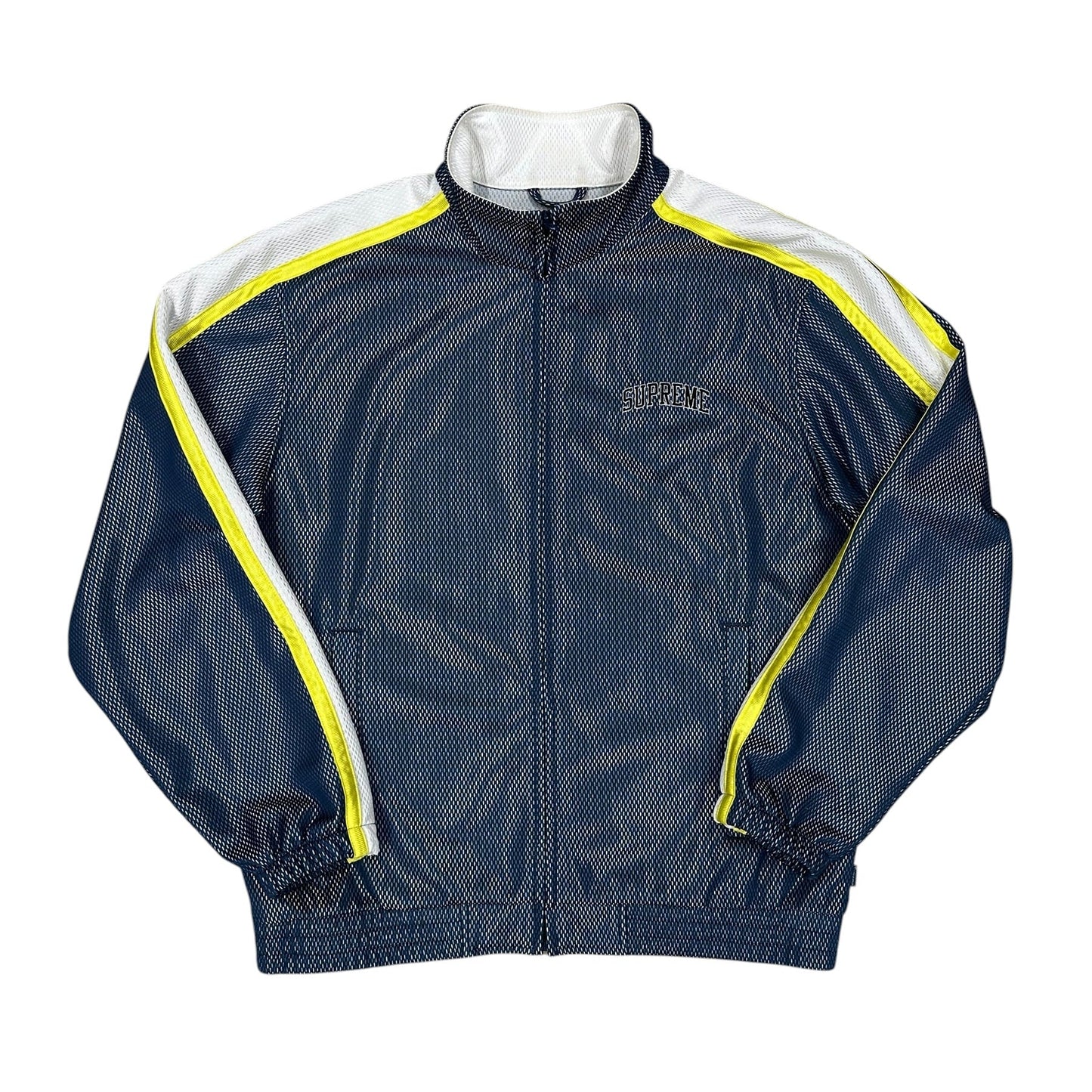 Chaqueta Supreme mesh track azul con paneles reflectantes amarillo y logo bordado
