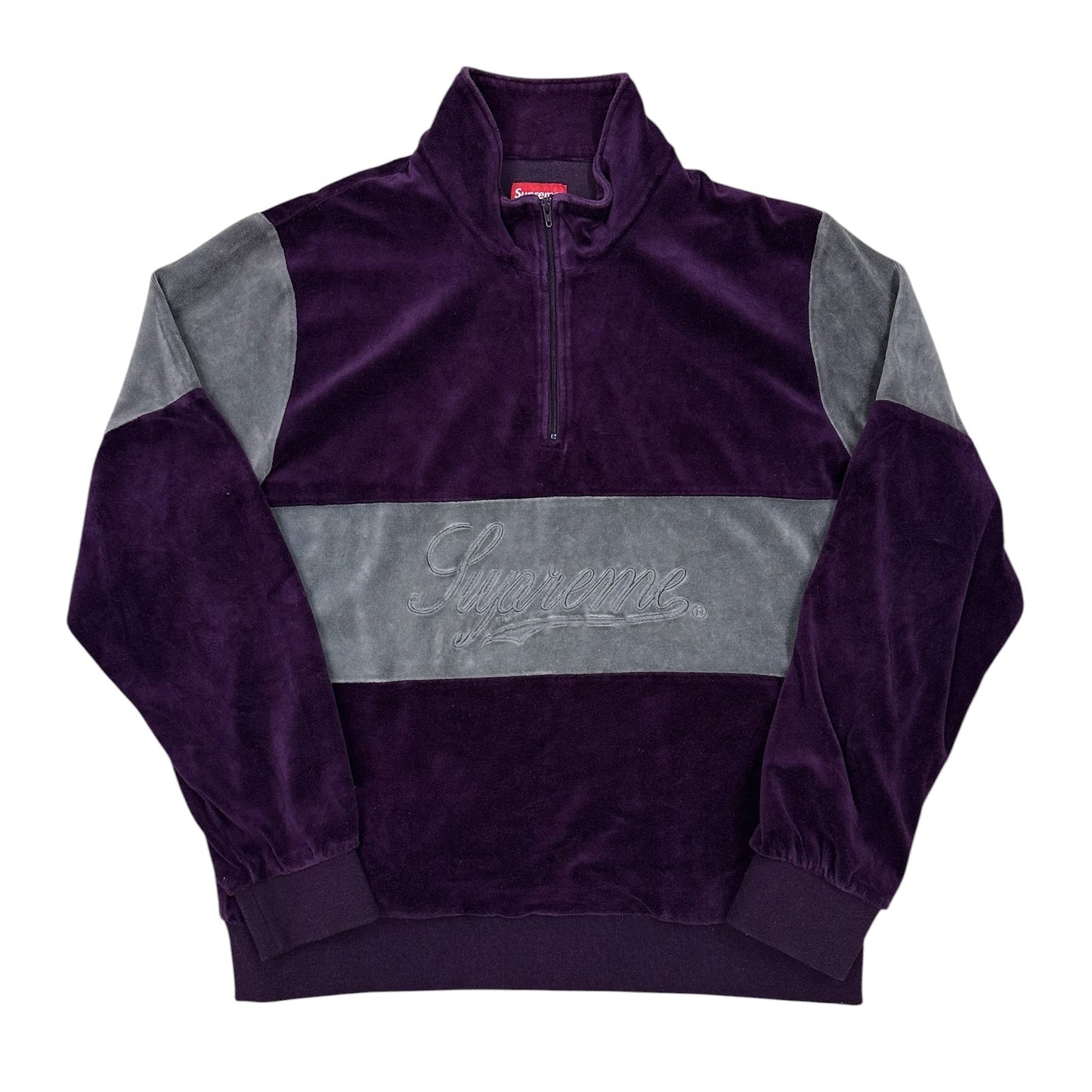 Sudadera Supreme velour morada half zip con logo script bordado