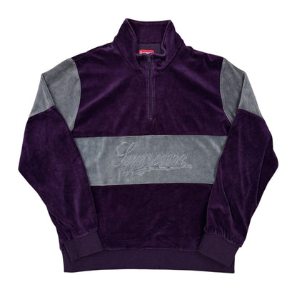 Sudadera Supreme velour morada half zip con logo script bordado