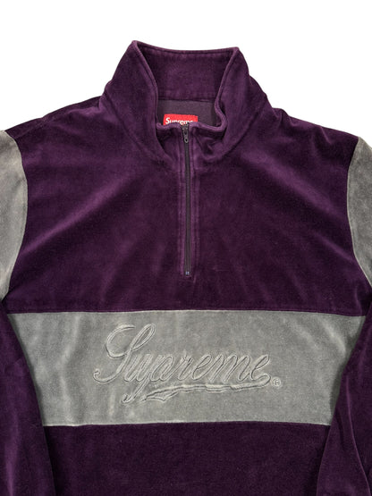 Sudadera Supreme velour morada half zip con logo script bordado