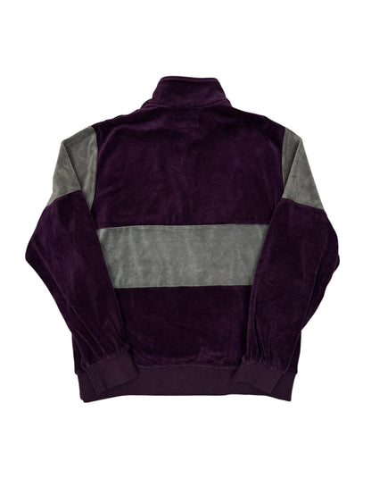 Sudadera Supreme velour morada half zip con logo script bordado