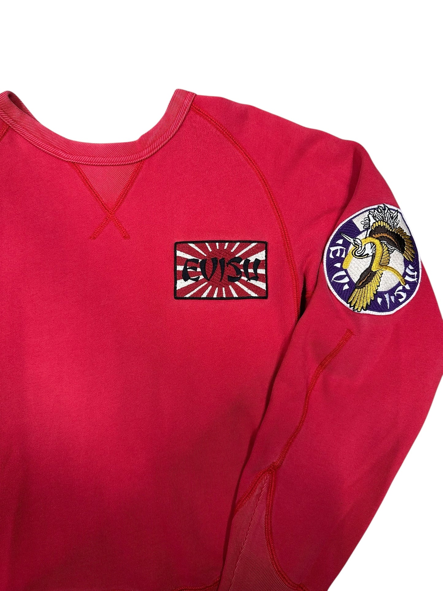 Sudadera Evisu roja con parches bordados vintage