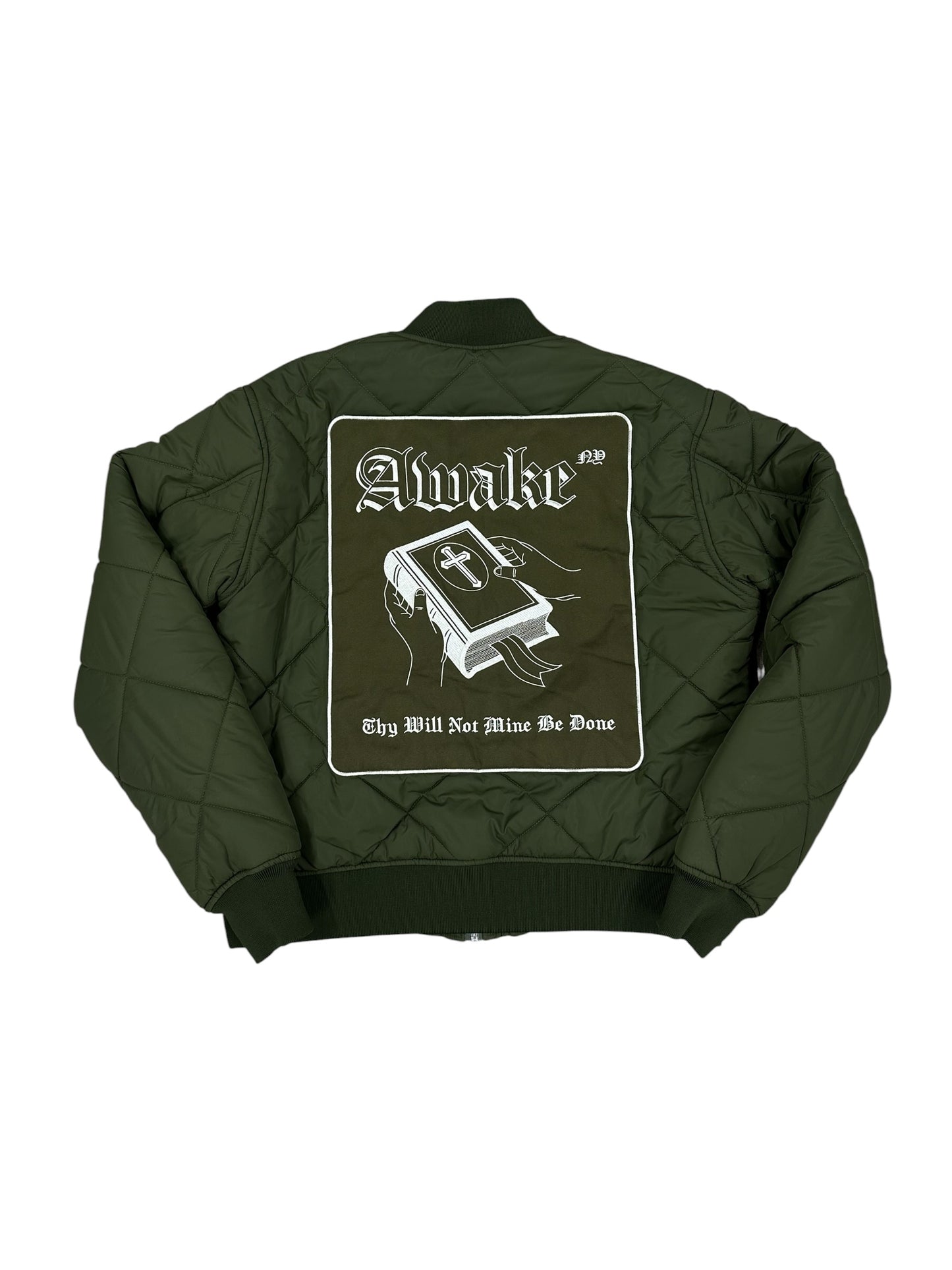 Chaqueta bomber acolchada Awake NY verde oliva con bordado y print trasero