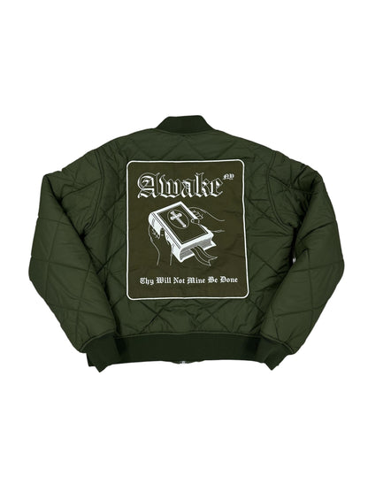 Chaqueta bomber acolchada Awake NY verde oliva con bordado y print trasero