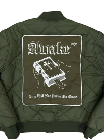Chaqueta bomber acolchada Awake NY verde oliva con bordado y print trasero