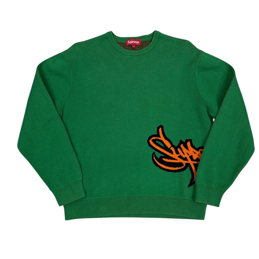 Jersey Supreme verde con logo gráfico naranja knit crewneck