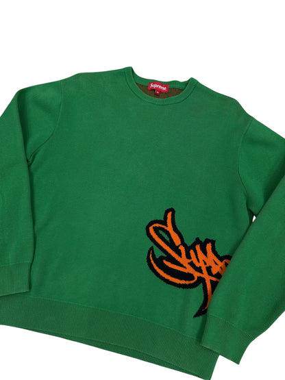 Jersey Supreme verde con logo gráfico naranja knit crewneck